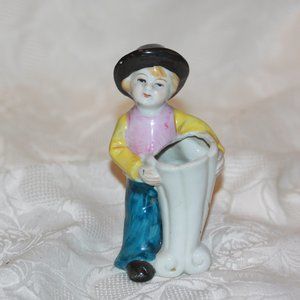 Vintage Occupied Japan Porcelain Boy 5” Figurine Holding Flower Vase